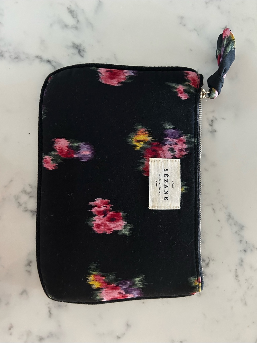Sézane Black Floral Zip Pouch with Pink and Purple Accents